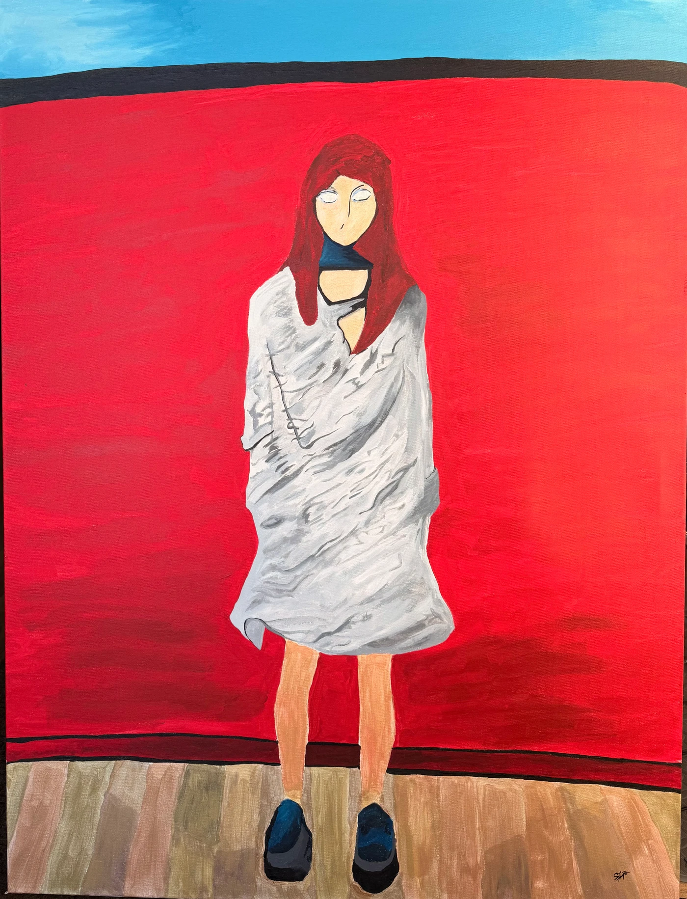 Susidlc’s painted doll with red hair, a silver dress, and dark blue shoes, against a vivid red background